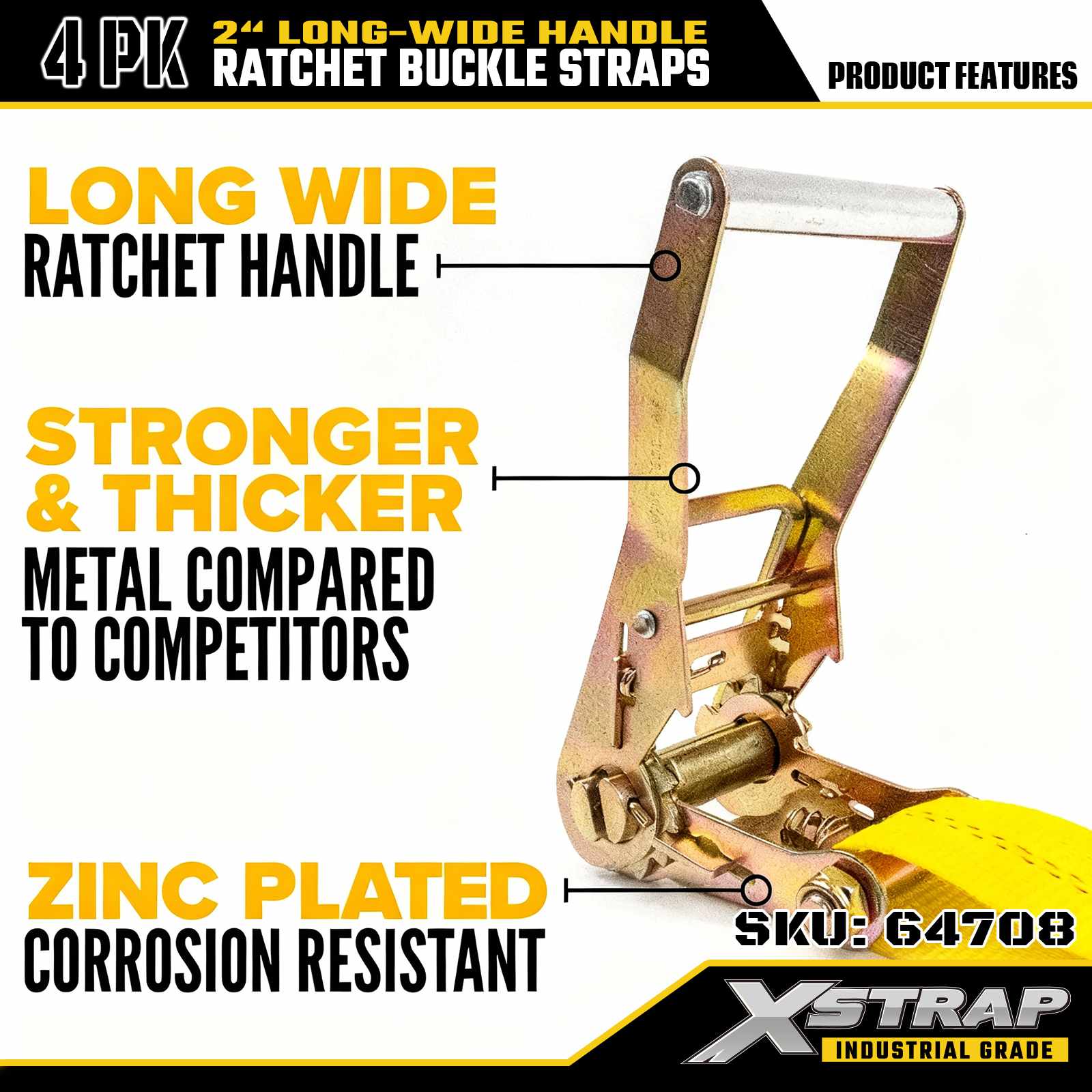 Xstrap 64708 สายรัดหัวเข็มขัดเฟืองวงล้อด้ามจับกว้างยาว 2 นิ้วพร้อมตะขอแบน ความแข็งแรงในการแตกหัก 10,000 ปอนด์ (4 แพ็ค)