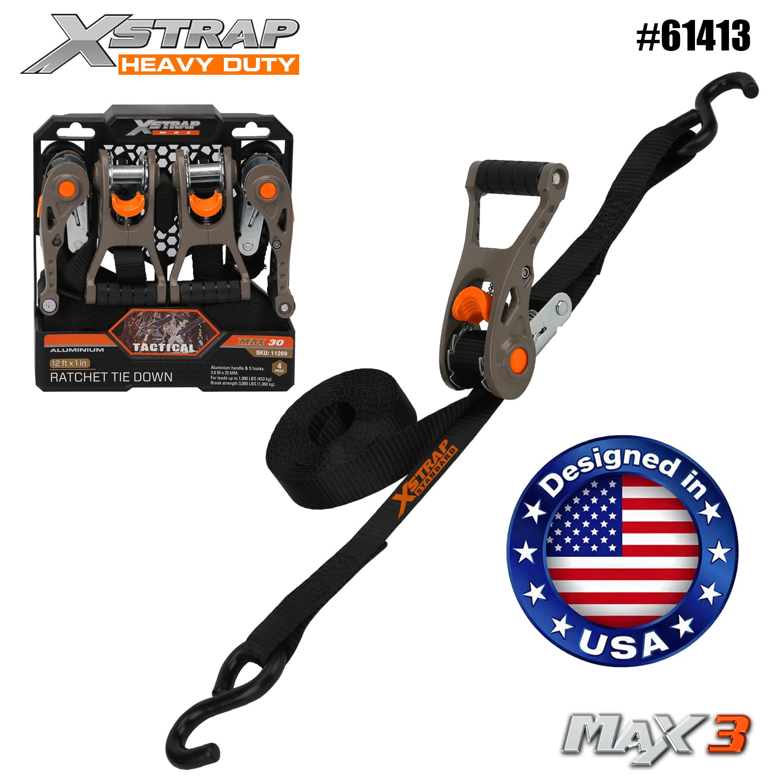 Xstrap 61413 1” x 14' 4PK Tactical Ratchet Tie Down พร้อมห่วงแบบนุ่ม 1,000lb SWL