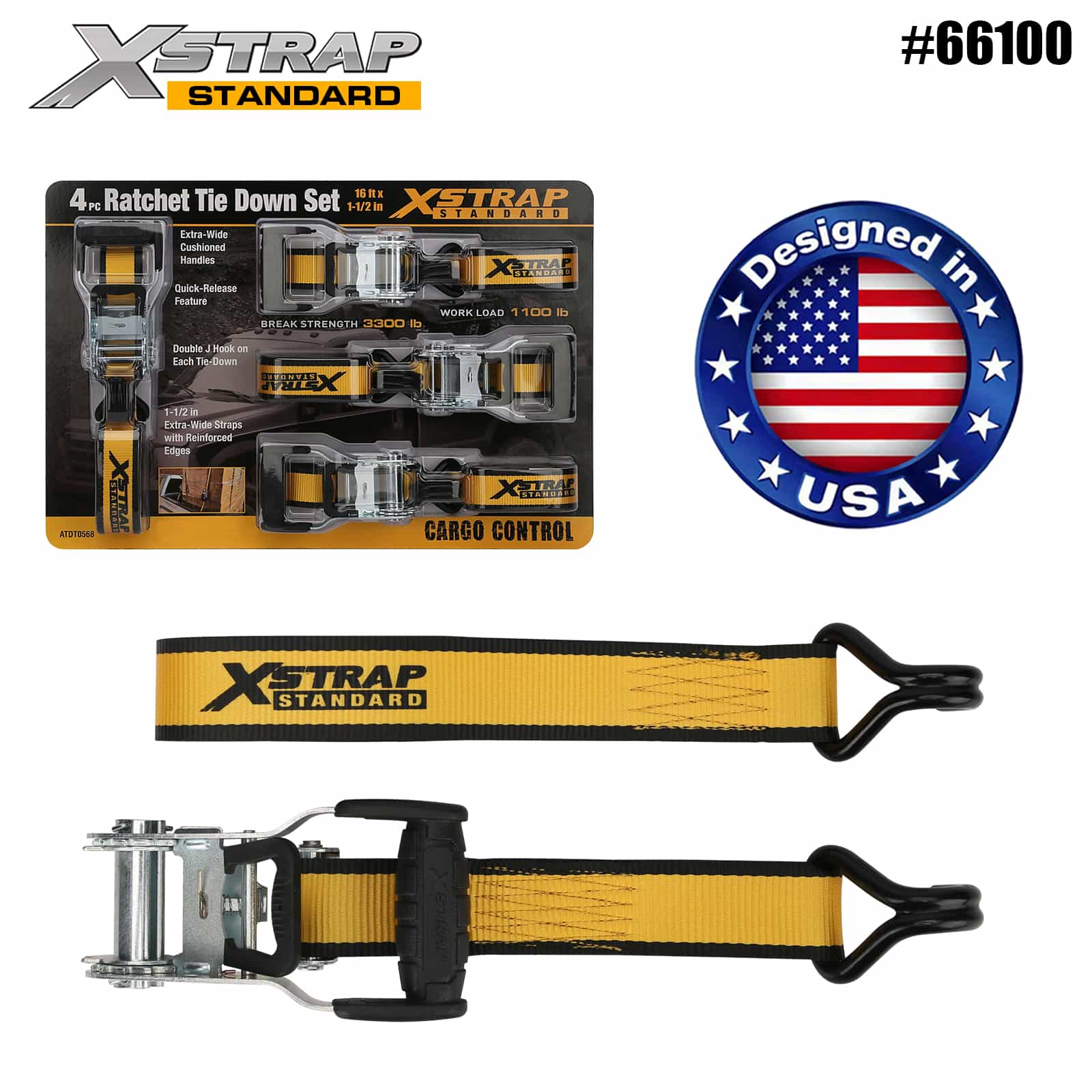 Xstrap 66100 1-1/2” x 16' สายรัดวงล้อ 4PK พร้อมตะขอ J คู่ 1100lb SWL