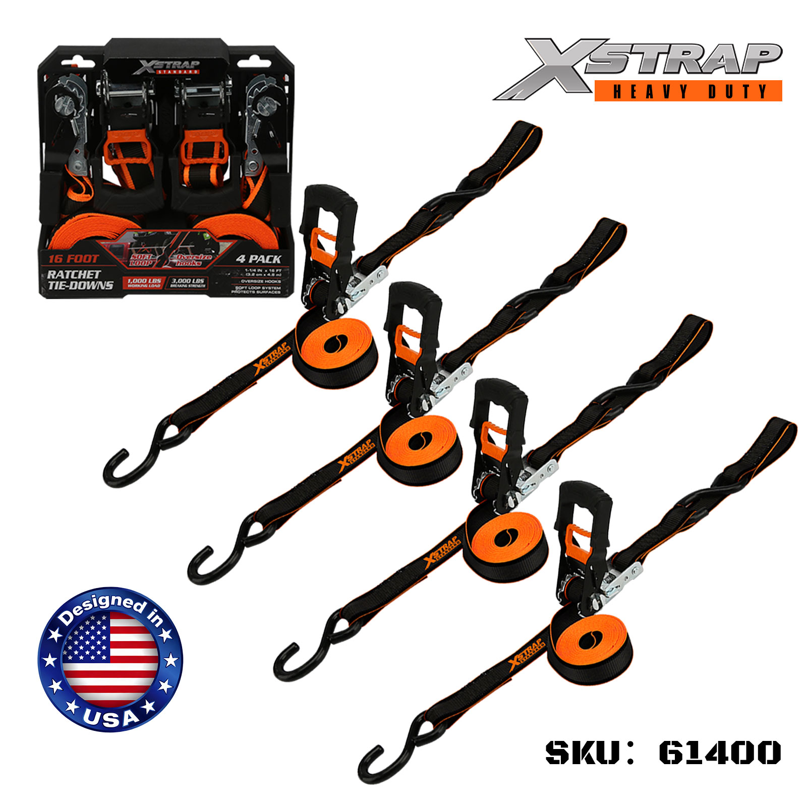 Xstrap 61400 1-1/4” x 16' สายรัดวงล้อ 4PK พร้อมตะขอขนาดใหญ่ 1000lb SWL