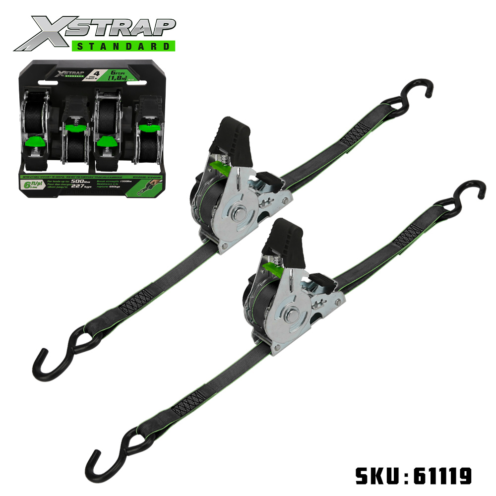 Xstrap 61119 1” x 10' สายรัดวงล้อแบบยืดหดได้ 2PK พร้อมตะขอ S 500lb SWL