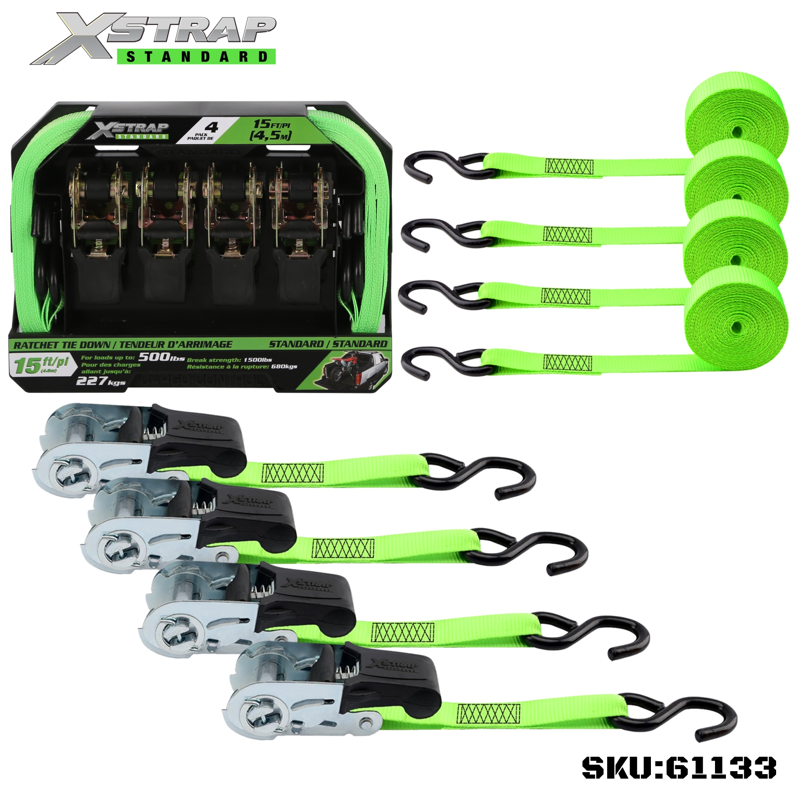 Xstrap 61133 1” x 15' สายรัดวงล้อ 4PK พร้อมตะขอ S 500lb SWL