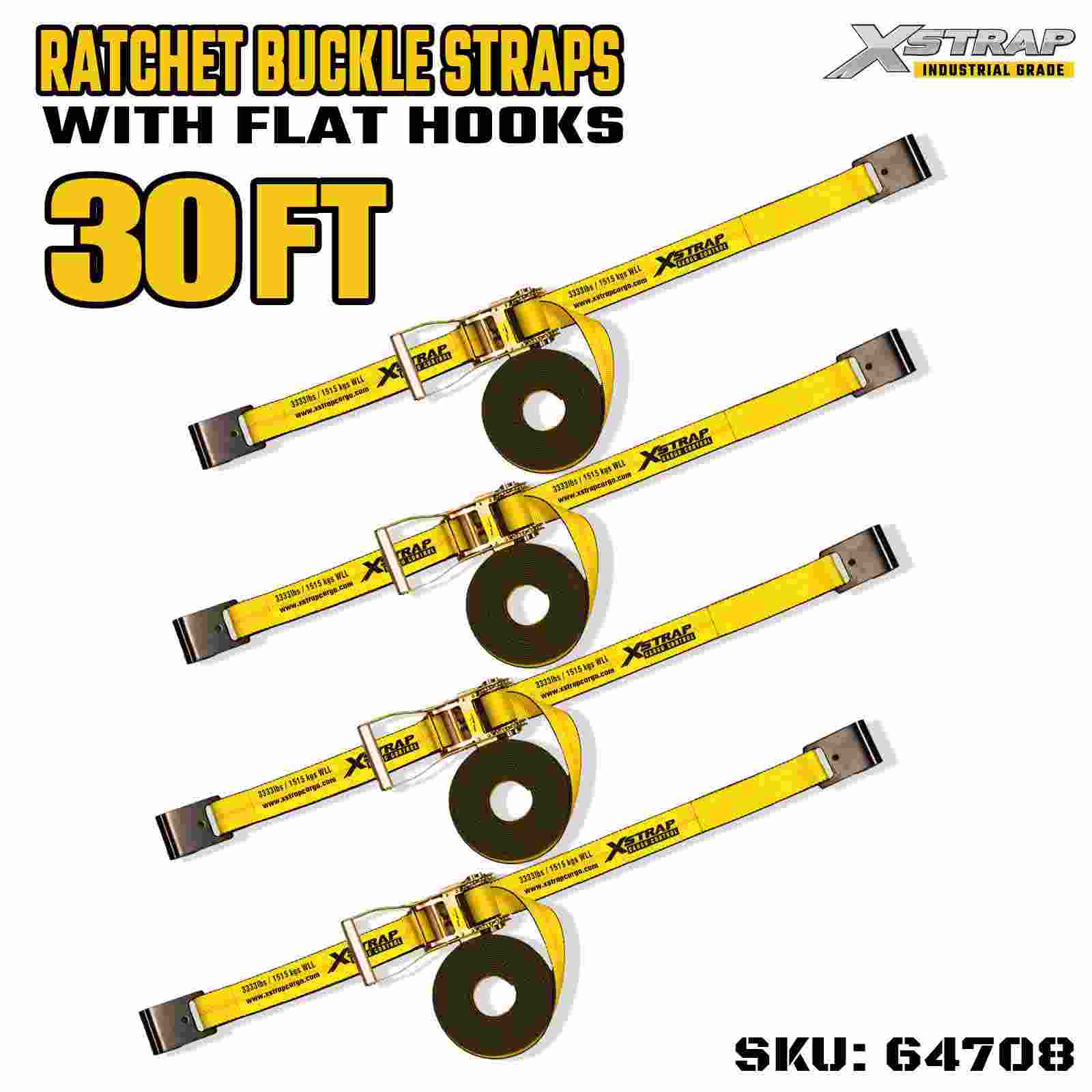 Xstrap 64708 สายรัดหัวเข็มขัดเฟืองวงล้อด้ามจับกว้างยาว 2 นิ้วพร้อมตะขอแบน ความแข็งแรงในการแตกหัก 10,000 ปอนด์ (4 แพ็ค)