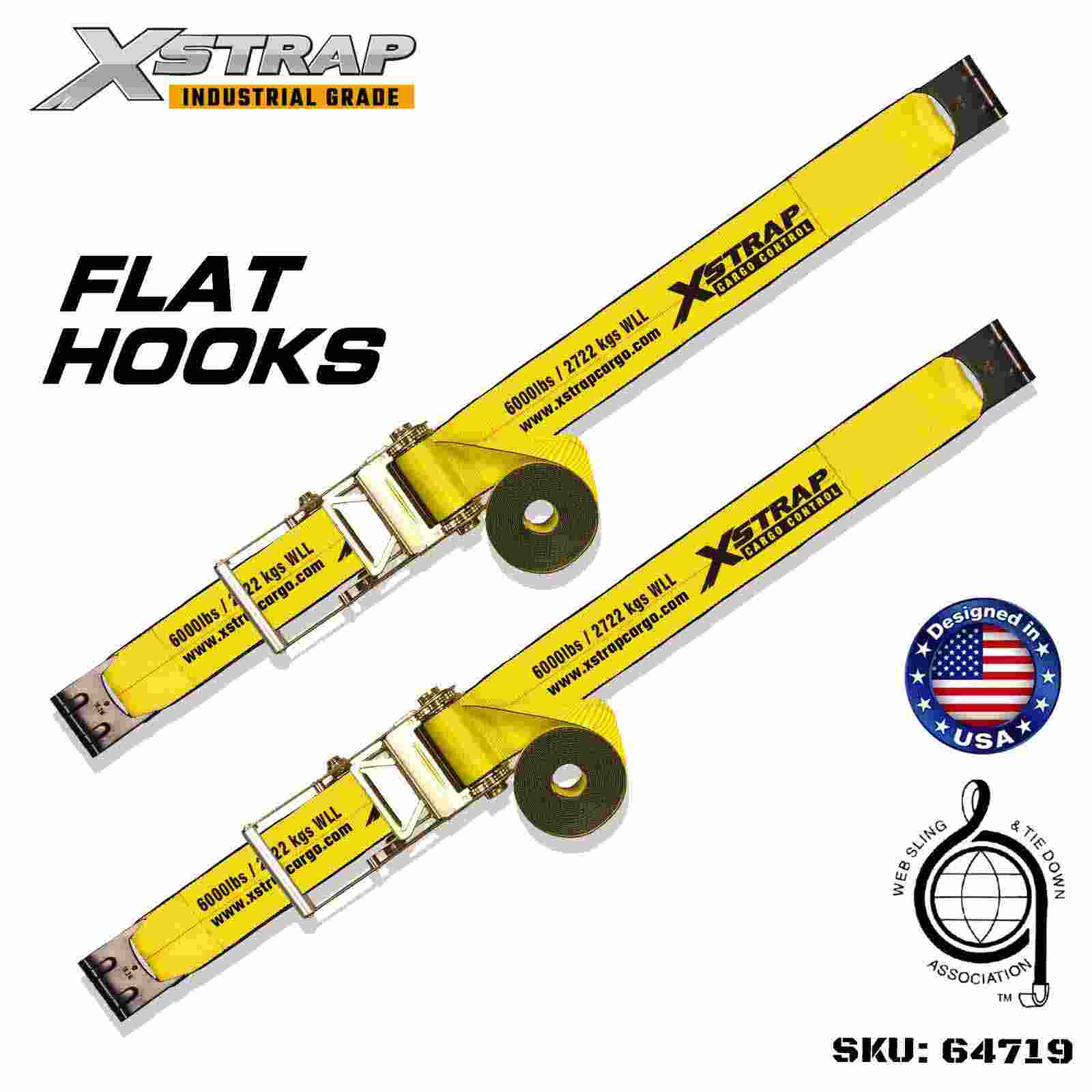 Xstrap 64719 สายรัดหัวเข็มขัดแบบวงล้อขนาด 4 นิ้ว × 30 ฟุตพร้อมตะขอแบบแบน ความแข็งแรงในการแตกหัก 18,000 ปอนด์ (2 แพ็ค)
