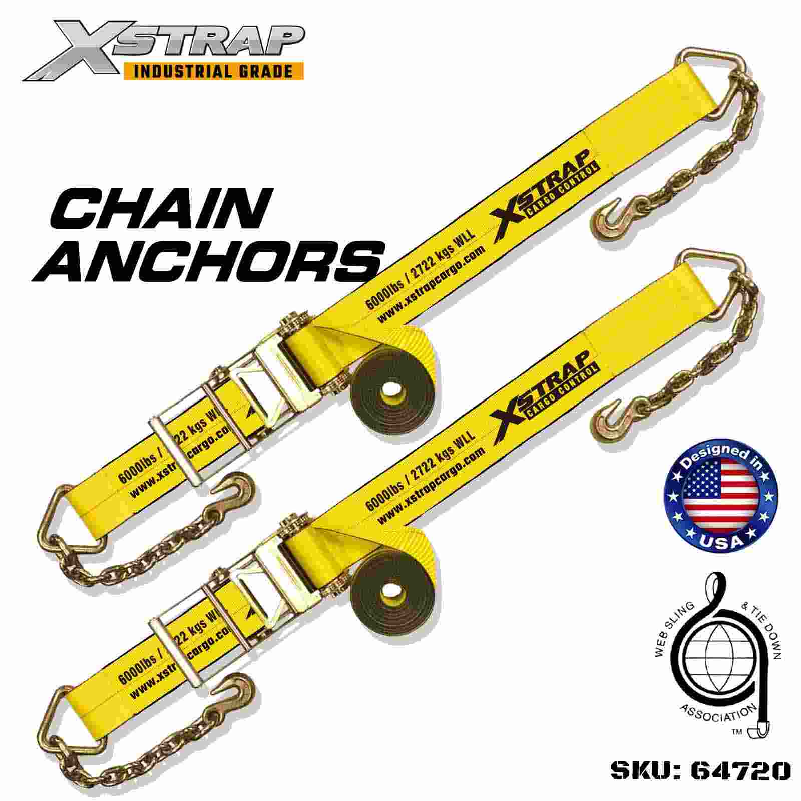 Xstrap 64720 สายรัดหัวเข็มขัดแบบวงล้อขนาด 4 นิ้ว × 27 ฟุตพร้อมพุกแบบโซ่ ความแข็งแรงในการแตกหัก 18,000 ปอนด์ (2 แพ็ค)