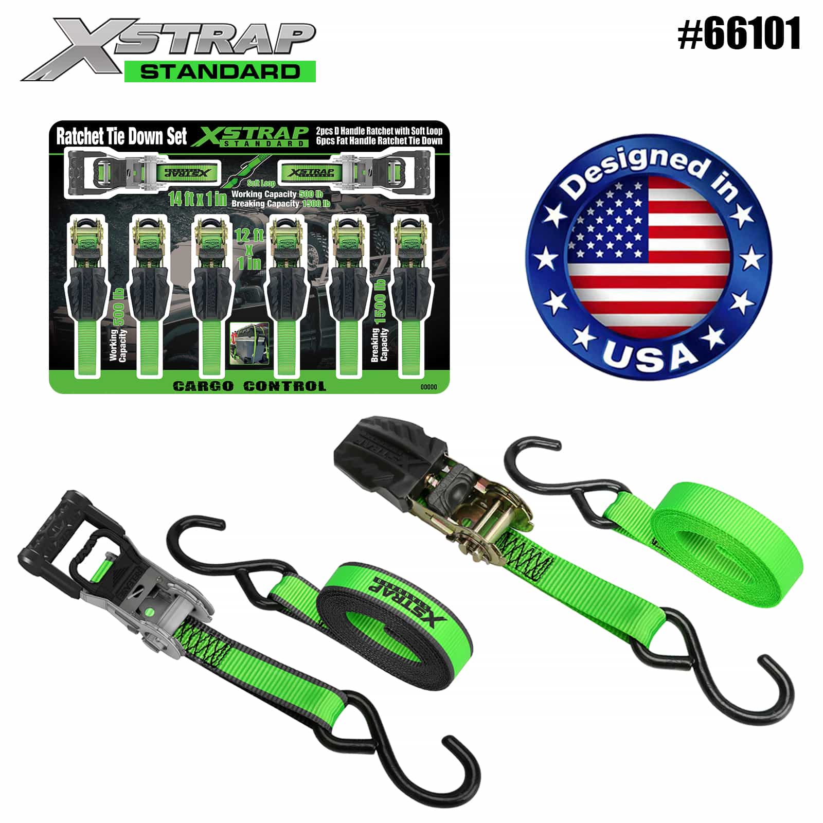 Xstrap 66101 เฟืองวงล้อด้ามจับ D ขนาด 1” x 14’ 2PK พร้อมห่วงแบบนุ่ม น้ำหนัก SWL 500 ปอนด์ และสายรัดวงล้อด้ามจับแบนขนาด 1” x 12’ 6PK SWL ขนาด 500 ปอนด์