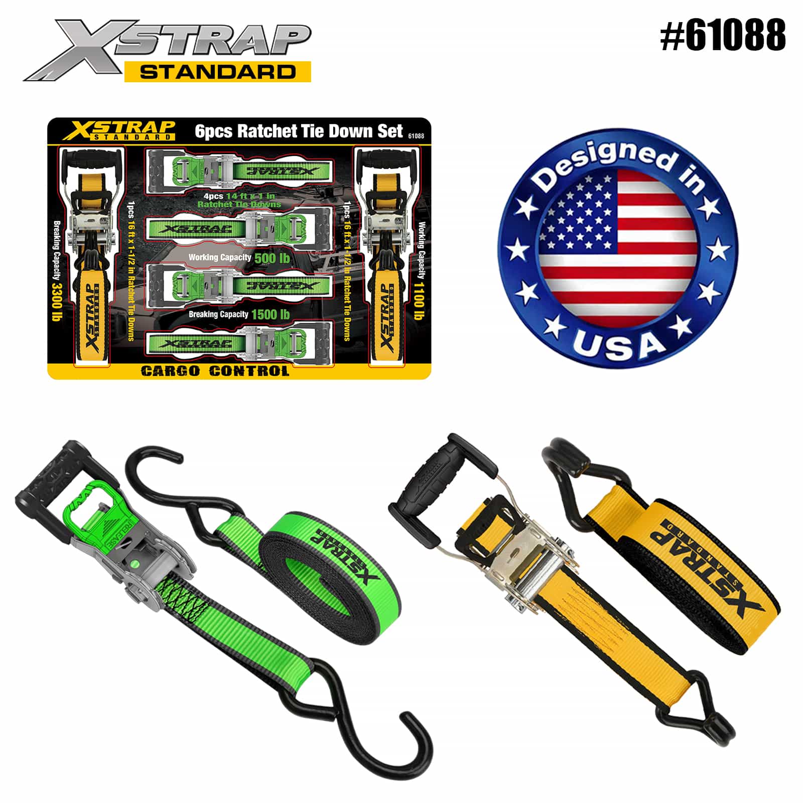 Xstrap 61088 เฟืองวงล้อด้ามจับ 1” x 14’ 4PK พร้อมห่วงแบบนุ่ม SWL 500 ปอนด์ และสายรัดวงล้อด้ามจับกว้างพิเศษ 1” x 16’ 2PK SWL 1100 ปอนด์