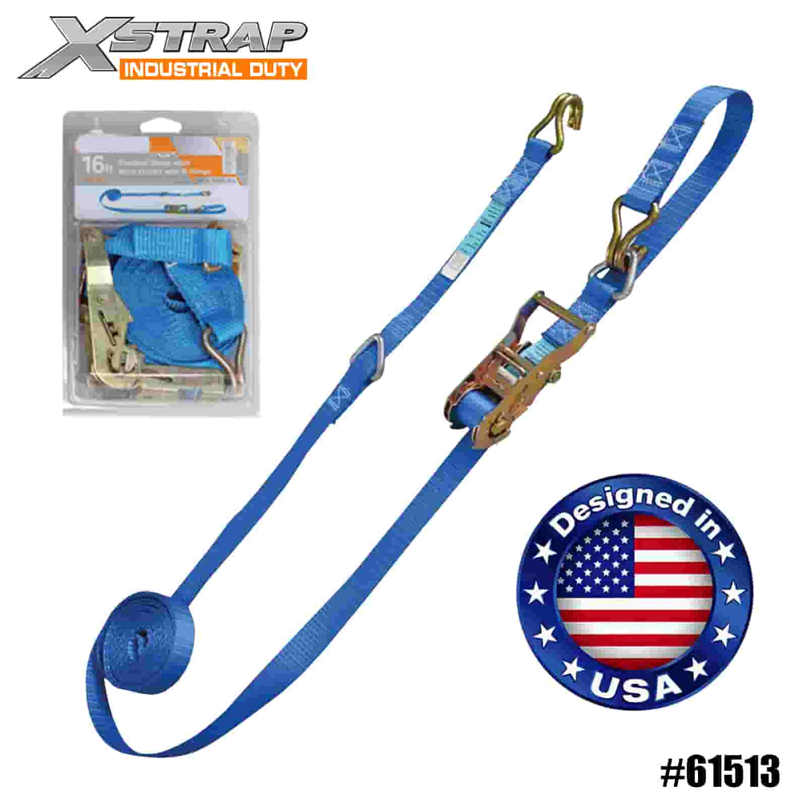 Xstrap 61513 1” x 16' สายรัดเฟืองล้อ 4PK พร้อมห่วง D และตะขอลวด 1000lb SWL