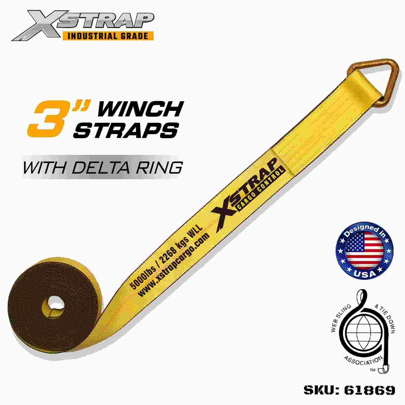 Xstrap 61869 สายรัดกว้านมาตรฐานขนาด 3 นิ้ว × 30 ฟุตพร้อมความแข็งแรงของแหวนเดลต้าแตก 15,000 ปอนด์