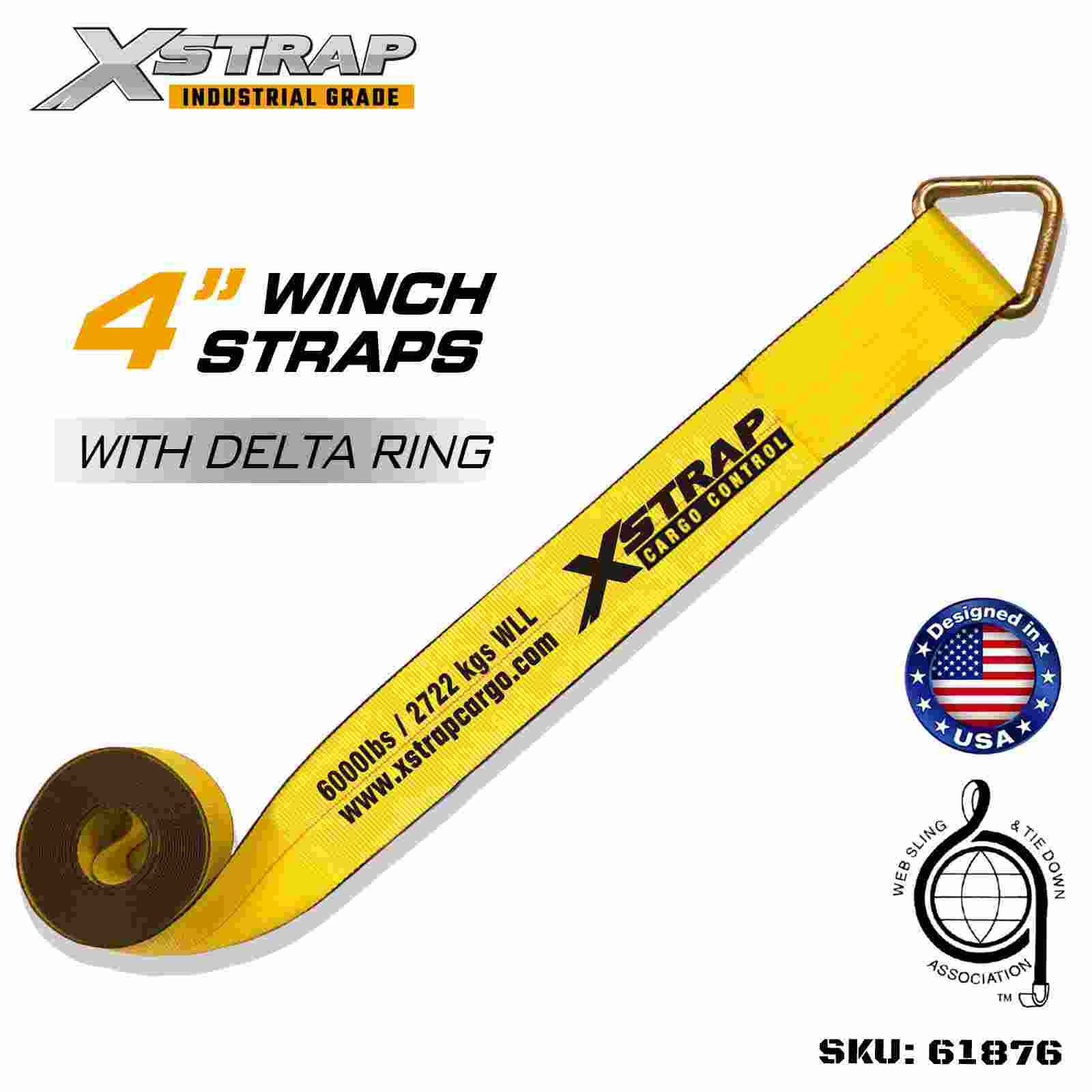 Xstrap 61876 สายรัดกว้านมาตรฐานขนาด 4 นิ้ว × 27 ฟุตพร้อมความแข็งแรงของแหวนเดลต้าแตก 18,000 ปอนด์