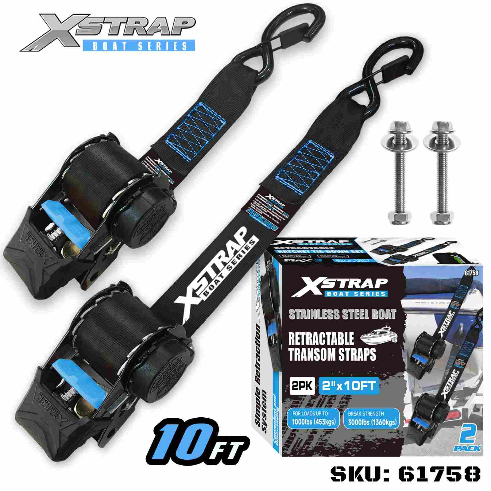 Xstrap 61758 2” x 3.6’ 2PK สายรัดท้ายเรือแบบยืดหดได้พร้อมตะขอนิรภัย S 1000lb SWL