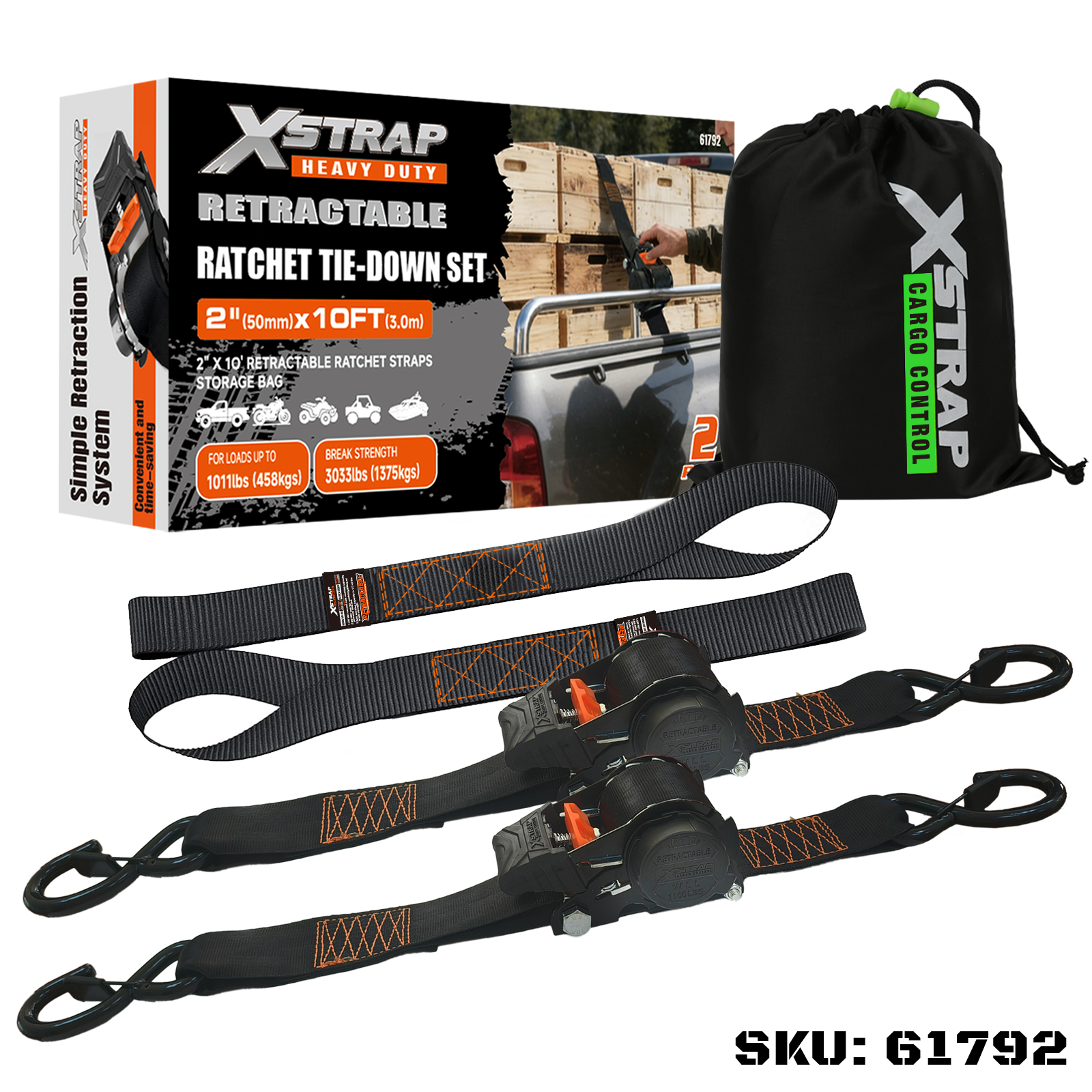 Xstrap 61792 2PK ชุดผูกวงล้อแบบยืดหดได้ 2” x 10’ พร้อมตะขอนิรภัย S 1011lb SWL