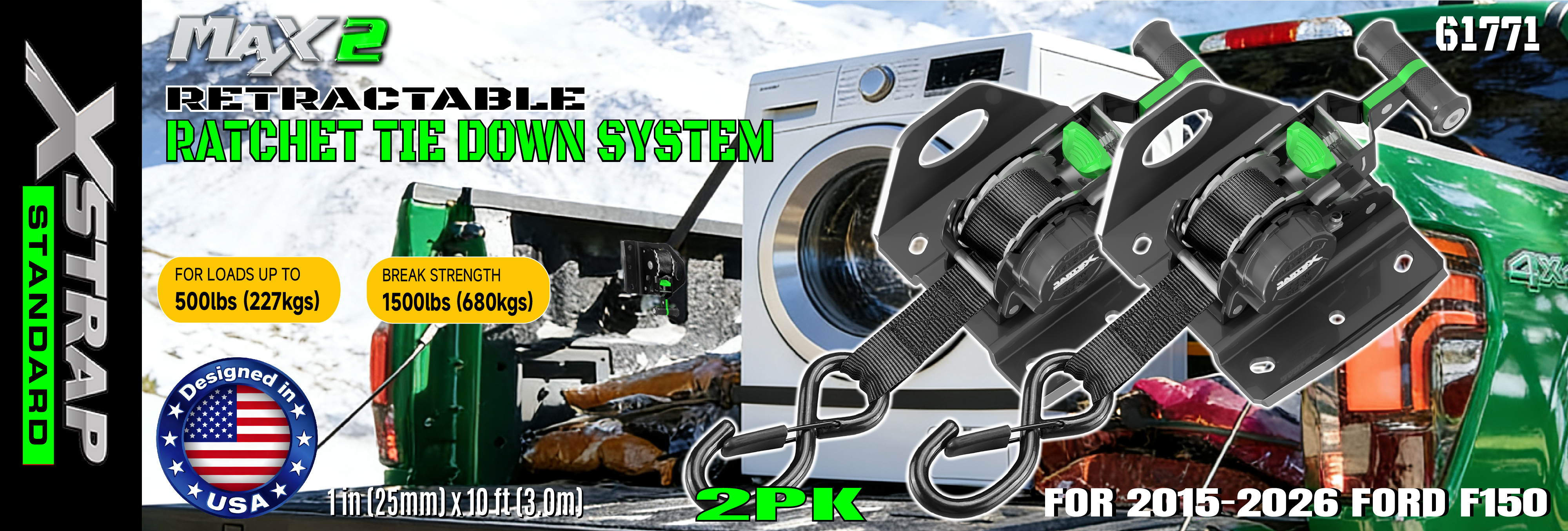 Xstrap 61771 Retractable Ratchet Straps เหมาะสำหรับ F150 รถอุปกรณ์เสริม 500LB SWL